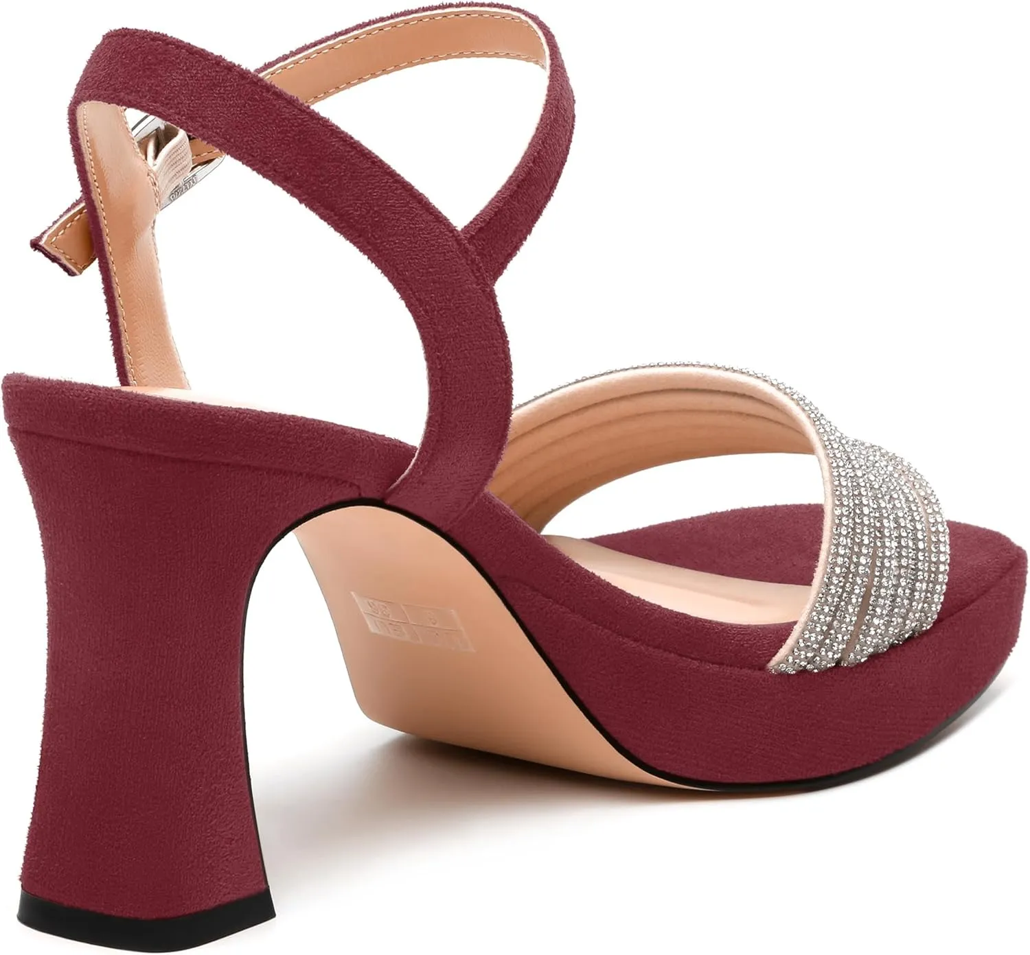 Women's Chunky Heel Platform Sandals - Square Toe Open Slingback with Rhinestone-Embellished Strap, Solid Color Dress Shoes for Weddings, Parties, Daily