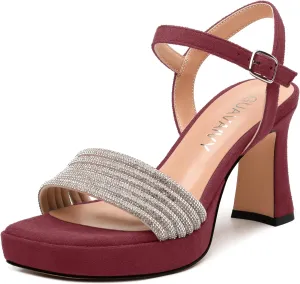 Women's Chunky Heel Platform Sandals - Square Toe Open Slingback with Rhinestone-Embellished Strap, Solid Color Dress Shoes for Weddings, Parties, Daily
