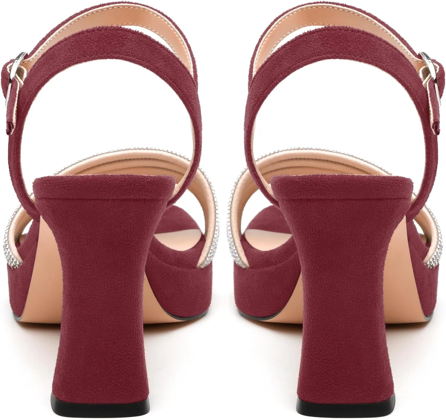 Women's Chunky Heel Platform Sandals - Square Toe Open Slingback with Rhinestone-Embellished Strap, Solid Color Dress Shoes for Weddings, Parties, Daily