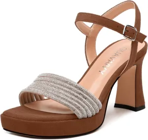 Women's Chunky Heel Platform Sandals - Square Toe Open Slingback with Rhinestone-Embellished Strap, Solid Color Dress Shoes for Weddings, Parties, Daily