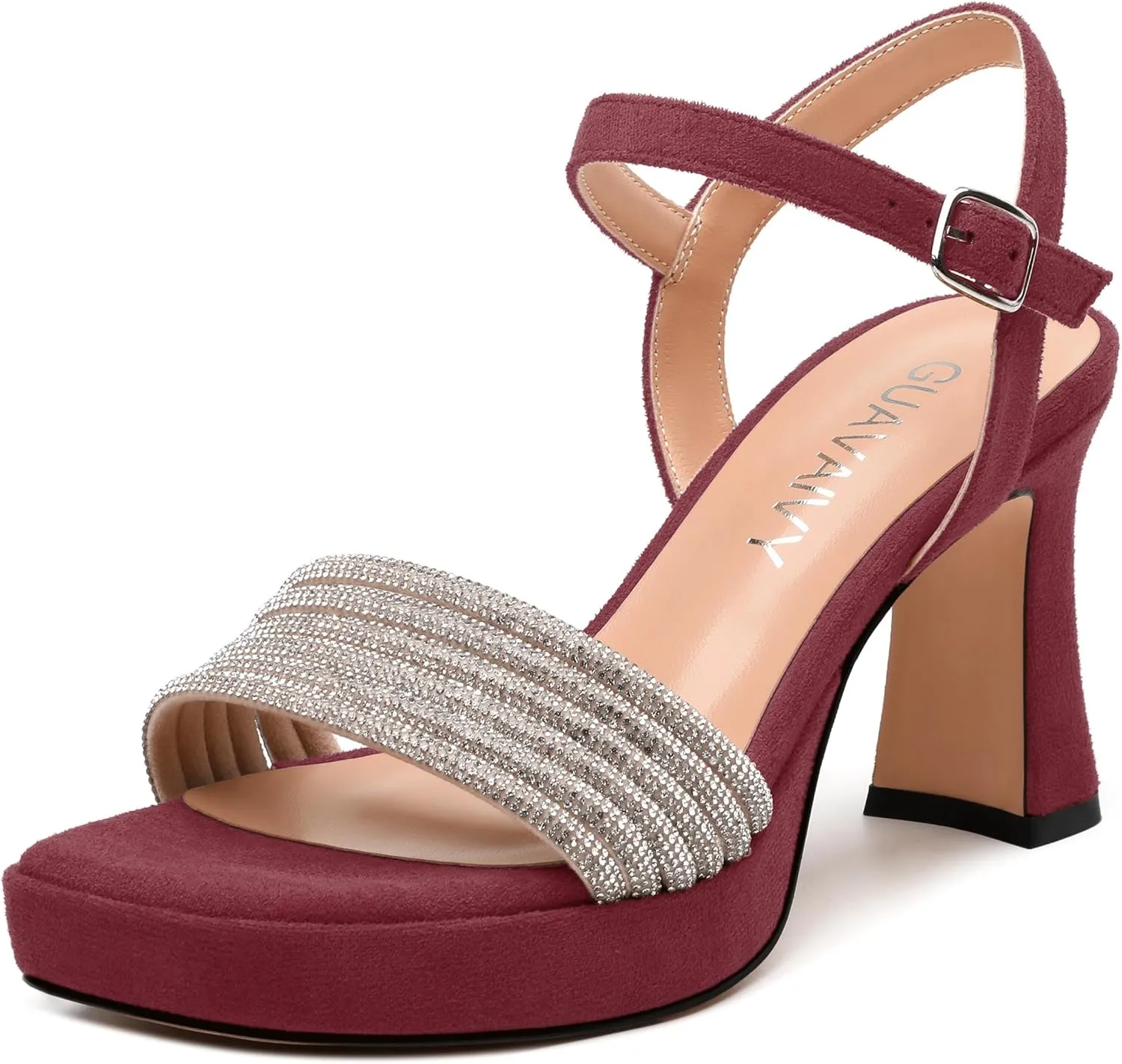 Women's Chunky Heel Platform Sandals - Square Toe Open Slingback with Rhinestone-Embellished Strap, Solid Color Dress Shoes for Weddings, Parties, Daily