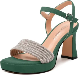Women's Chunky Heel Platform Sandals - Square Toe Open Slingback with Rhinestone-Embellished Strap, Solid Color Dress Shoes for Weddings, Parties, Daily