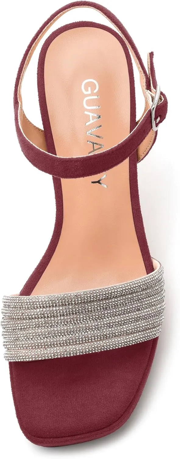 Women's Chunky Heel Platform Sandals - Square Toe Open Slingback with Rhinestone-Embellished Strap, Solid Color Dress Shoes for Weddings, Parties, Daily
