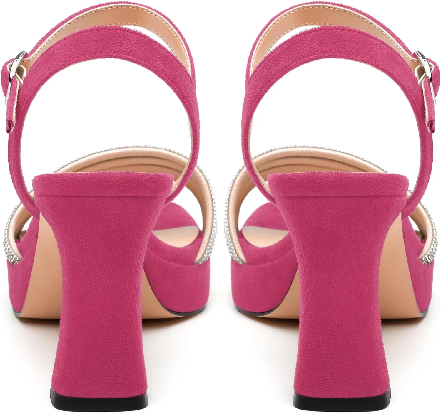 Women's Chunky Heel Platform Sandals - Square Toe Open Slingback with Rhinestone-Embellished Strap, Solid Color Dress Shoes for Weddings, Parties, Daily