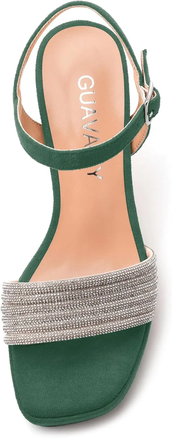 Women's Chunky Heel Platform Sandals - Square Toe Open Slingback with Rhinestone-Embellished Strap, Solid Color Dress Shoes for Weddings, Parties, Daily