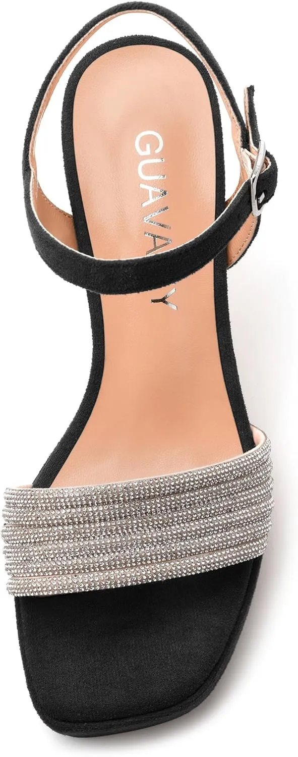 Women's Chunky Heel Platform Sandals - Square Toe Open Slingback with Rhinestone-Embellished Strap, Solid Color Dress Shoes for Weddings, Parties, Daily