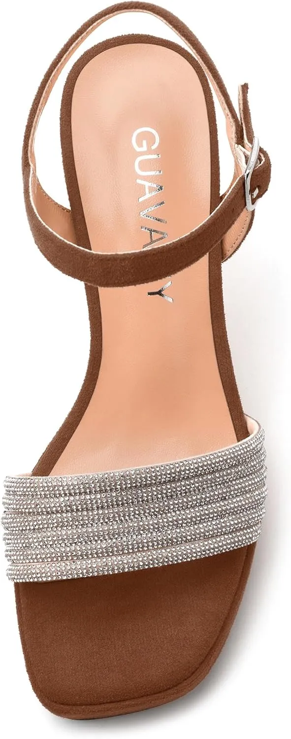 Women's Chunky Heel Platform Sandals - Square Toe Open Slingback with Rhinestone-Embellished Strap, Solid Color Dress Shoes for Weddings, Parties, Daily