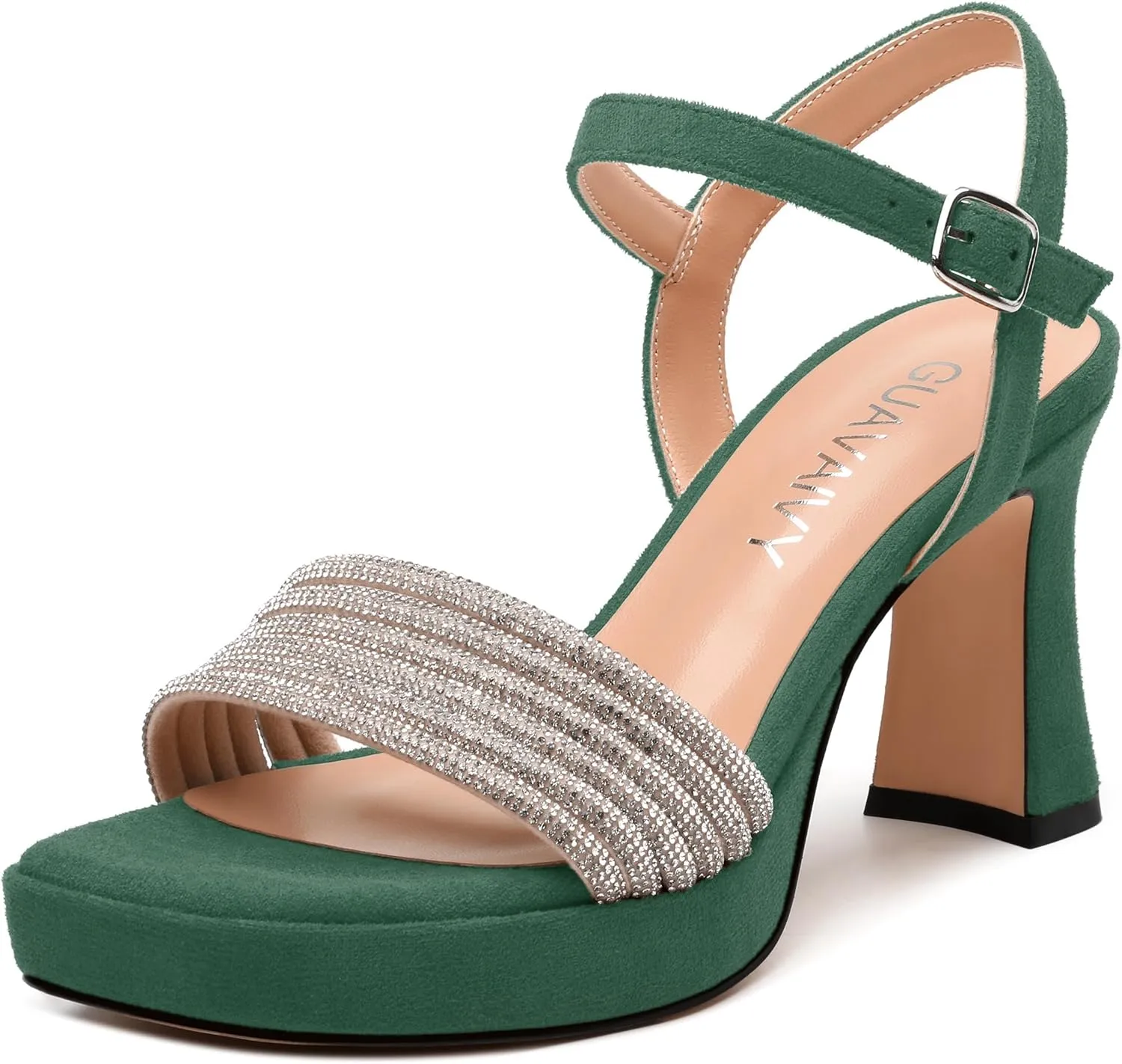 Women's Chunky Heel Platform Sandals - Square Toe Open Slingback with Rhinestone-Embellished Strap, Solid Color Dress Shoes for Weddings, Parties, Daily