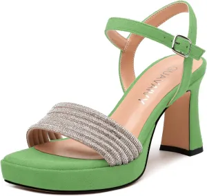 Women's Chunky Heel Platform Sandals - Square Toe Open Slingback with Rhinestone-Embellished Strap, Solid Color Dress Shoes for Weddings, Parties, Daily