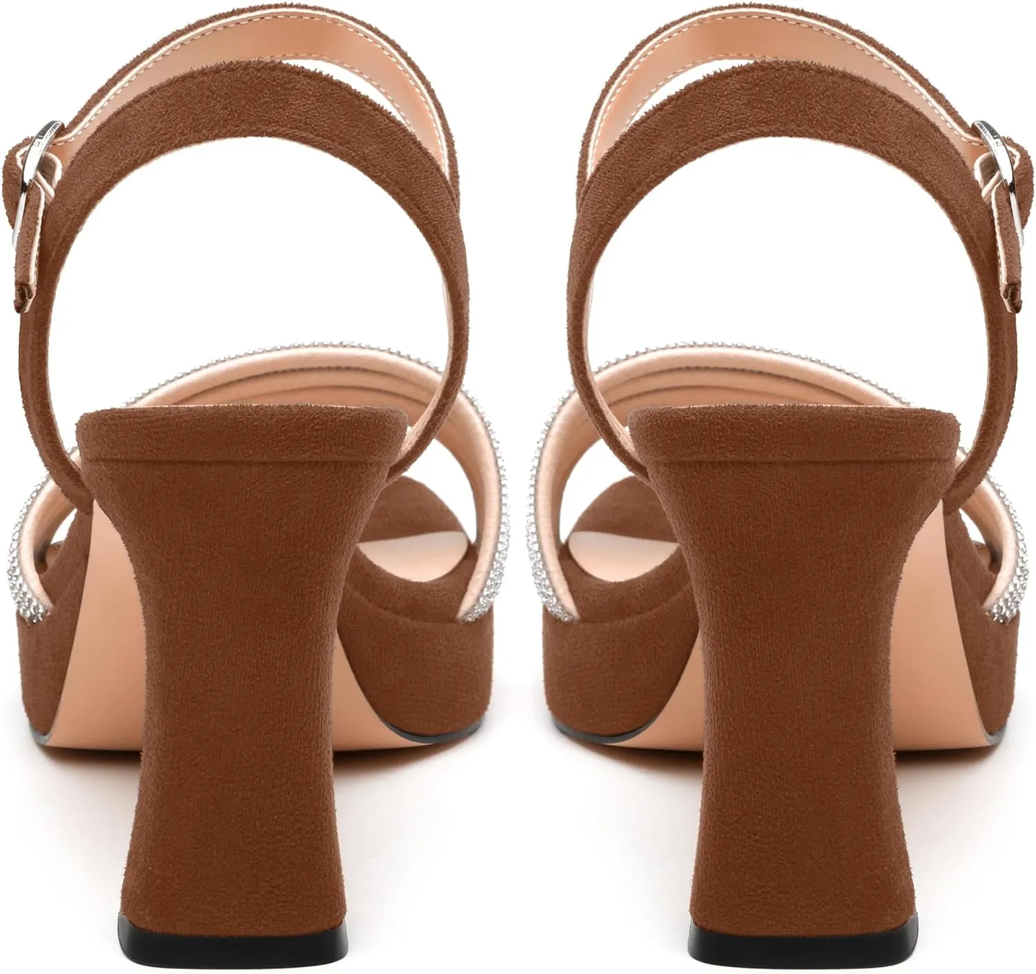 Women's Chunky Heel Platform Sandals - Square Toe Open Slingback with Rhinestone-Embellished Strap, Solid Color Dress Shoes for Weddings, Parties, Daily