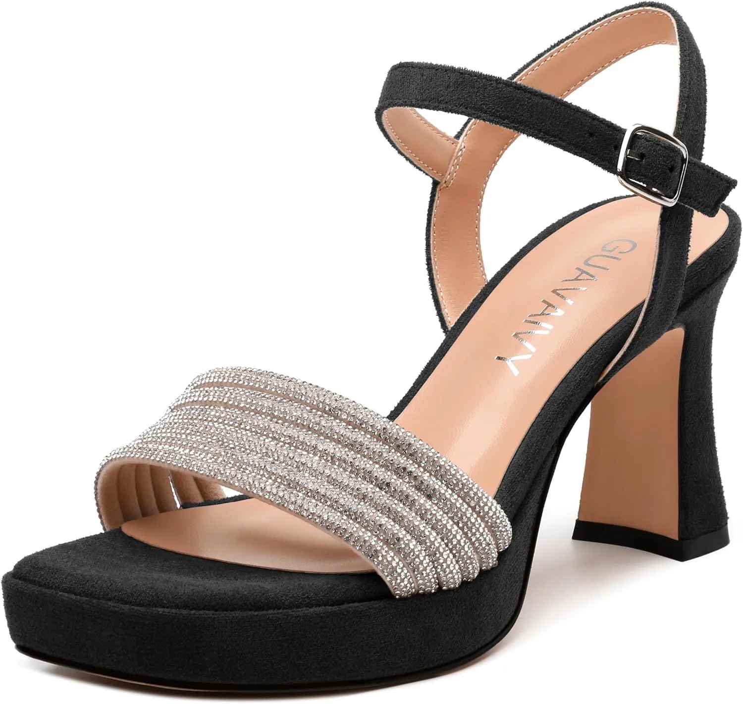 Women's Chunky Heel Platform Sandals - Square Toe Open Slingback with Rhinestone-Embellished Strap, Solid Color Dress Shoes for Weddings, Parties, Daily