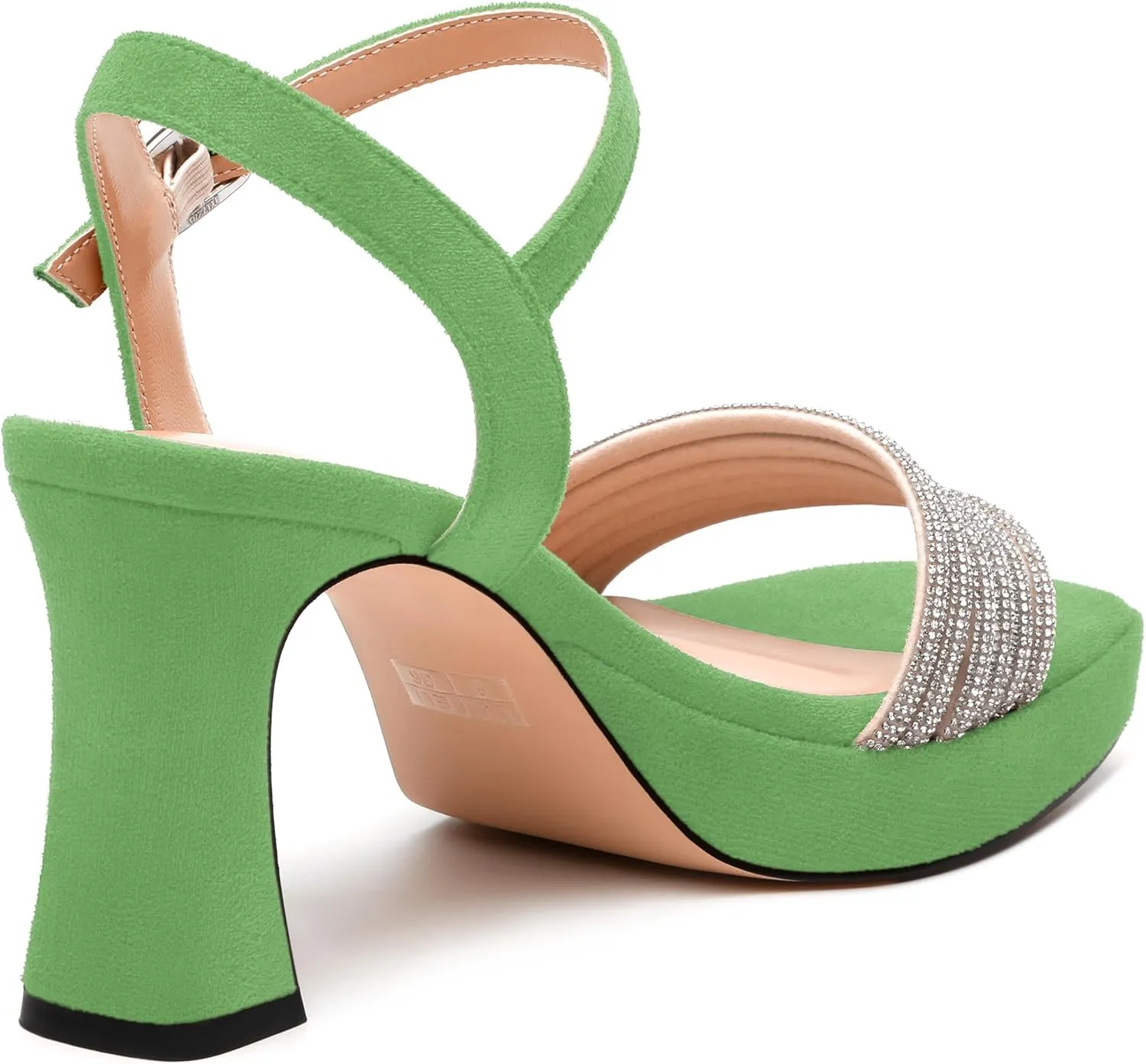 Women's Chunky Heel Platform Sandals - Square Toe Open Slingback with Rhinestone-Embellished Strap, Solid Color Dress Shoes for Weddings, Parties, Daily