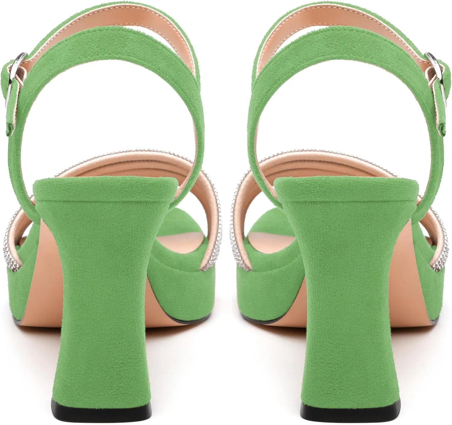 Women's Chunky Heel Platform Sandals - Square Toe Open Slingback with Rhinestone-Embellished Strap, Solid Color Dress Shoes for Weddings, Parties, Daily
