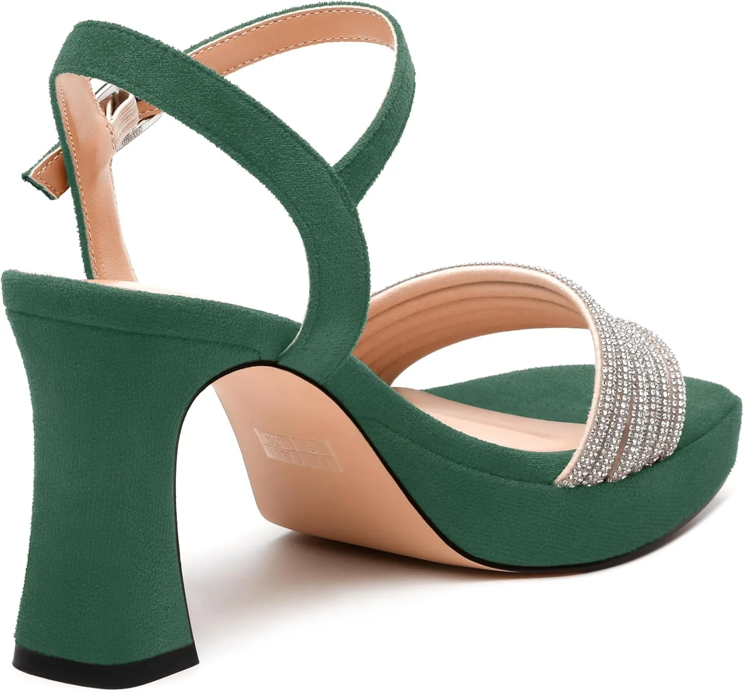 Women's Chunky Heel Platform Sandals - Square Toe Open Slingback with Rhinestone-Embellished Strap, Solid Color Dress Shoes for Weddings, Parties, Daily