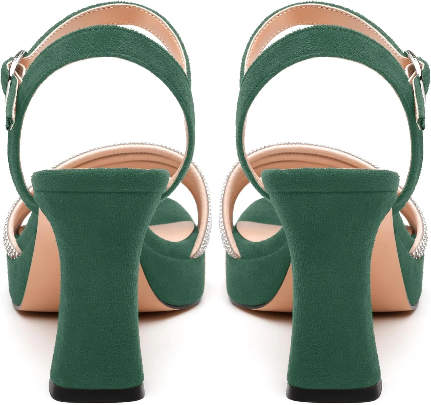 Women's Chunky Heel Platform Sandals - Square Toe Open Slingback with Rhinestone-Embellished Strap, Solid Color Dress Shoes for Weddings, Parties, Daily