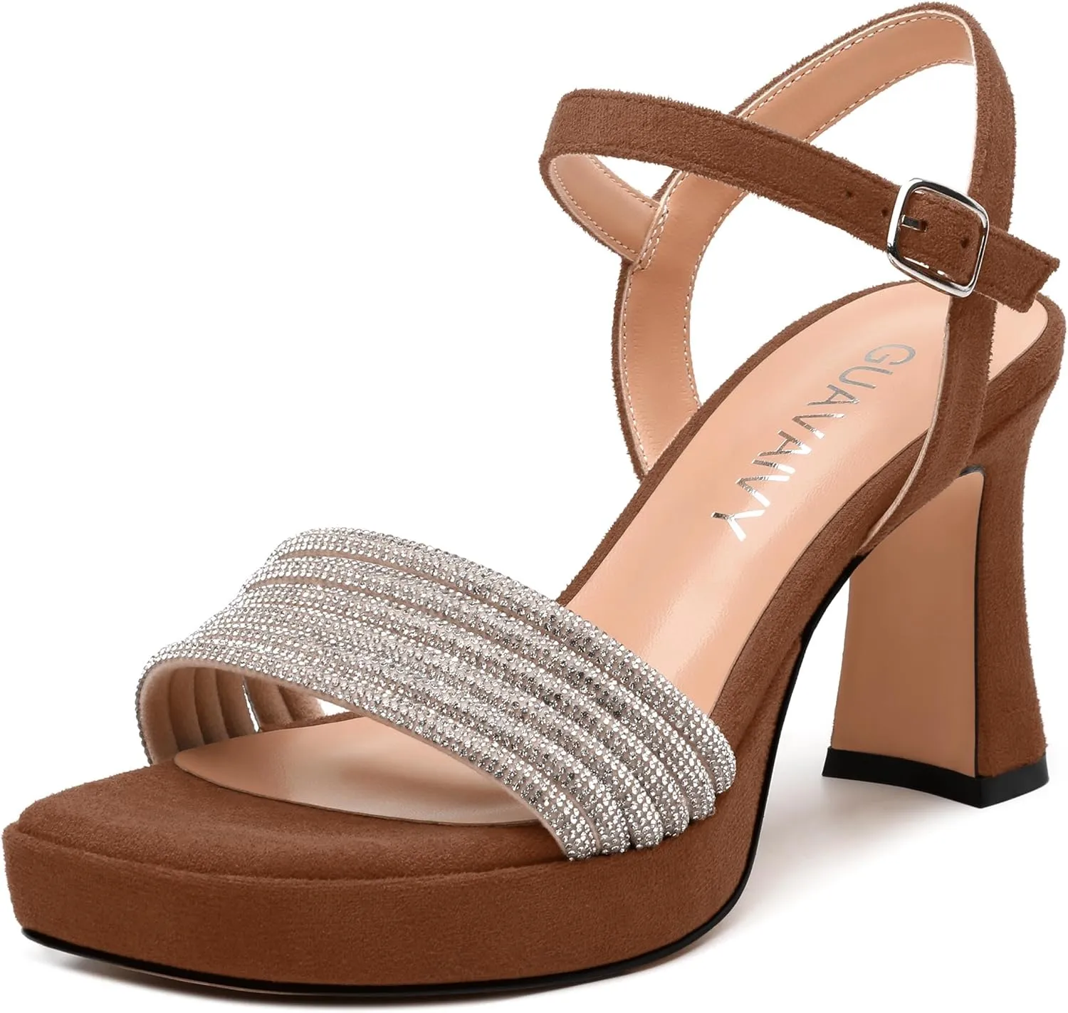 Women's Chunky Heel Platform Sandals - Square Toe Open Slingback with Rhinestone-Embellished Strap, Solid Color Dress Shoes for Weddings, Parties, Daily
