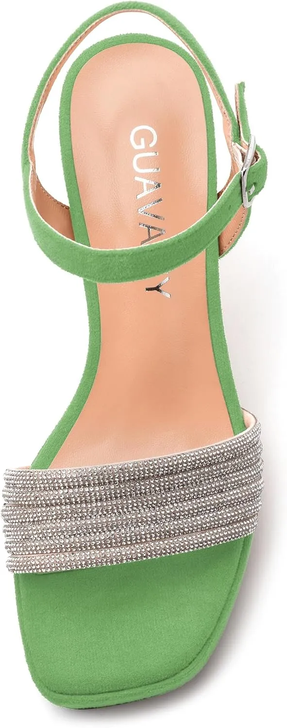 Women's Chunky Heel Platform Sandals - Square Toe Open Slingback with Rhinestone-Embellished Strap, Solid Color Dress Shoes for Weddings, Parties, Daily