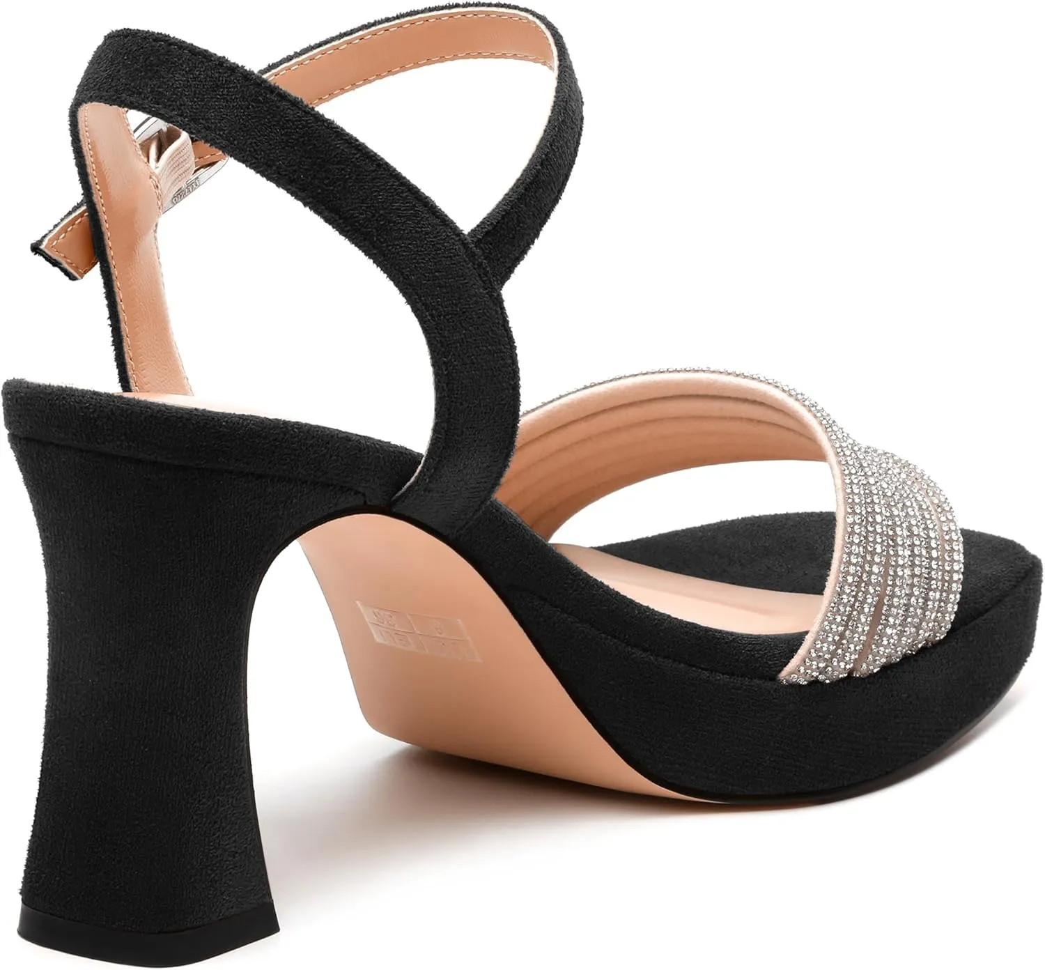 Women's Chunky Heel Platform Sandals - Square Toe Open Slingback with Rhinestone-Embellished Strap, Solid Color Dress Shoes for Weddings, Parties, Daily