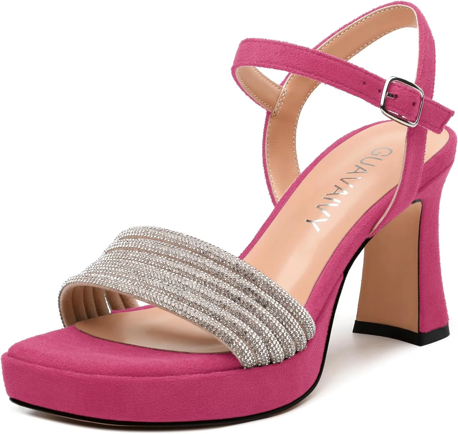 Women's Chunky Heel Platform Sandals - Square Toe Open Slingback with Rhinestone-Embellished Strap, Solid Color Dress Shoes for Weddings, Parties, Daily
