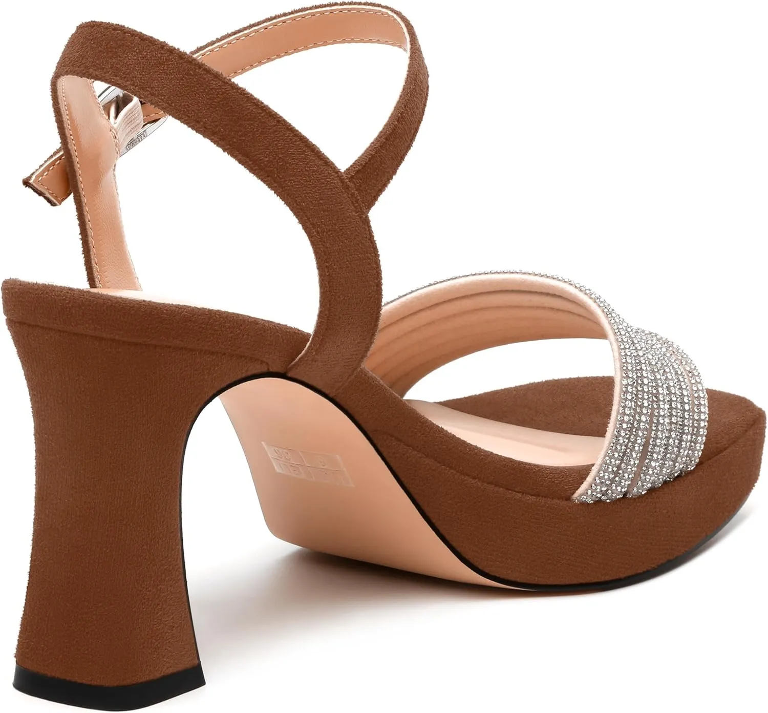 Women's Chunky Heel Platform Sandals - Square Toe Open Slingback with Rhinestone-Embellished Strap, Solid Color Dress Shoes for Weddings, Parties, Daily