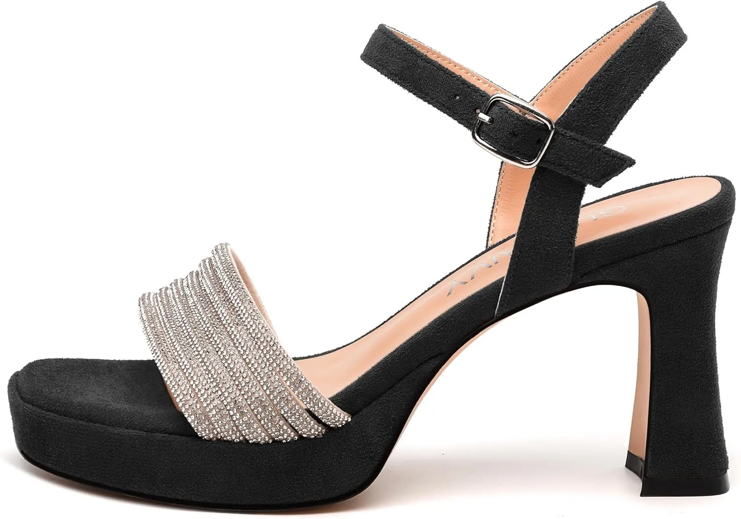 Women's Chunky Heel Platform Sandals - Square Toe Open Slingback with Rhinestone-Embellished Strap, Solid Color Dress Shoes for Weddings, Parties, Daily