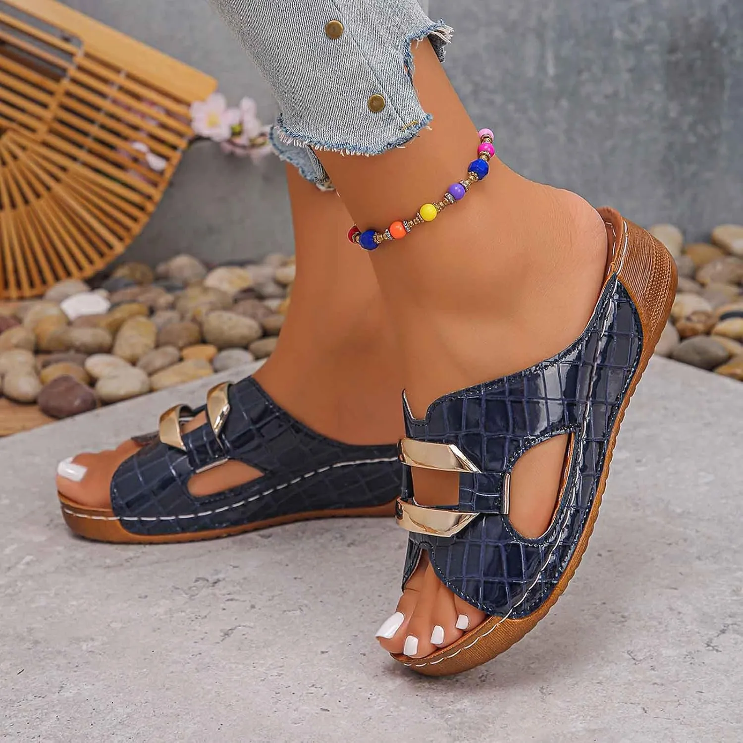 Women's Comfortable Slip On Sandals Open Toe Wedge Heel Lightweight Breathable Shoes For Everyday Wear Spring