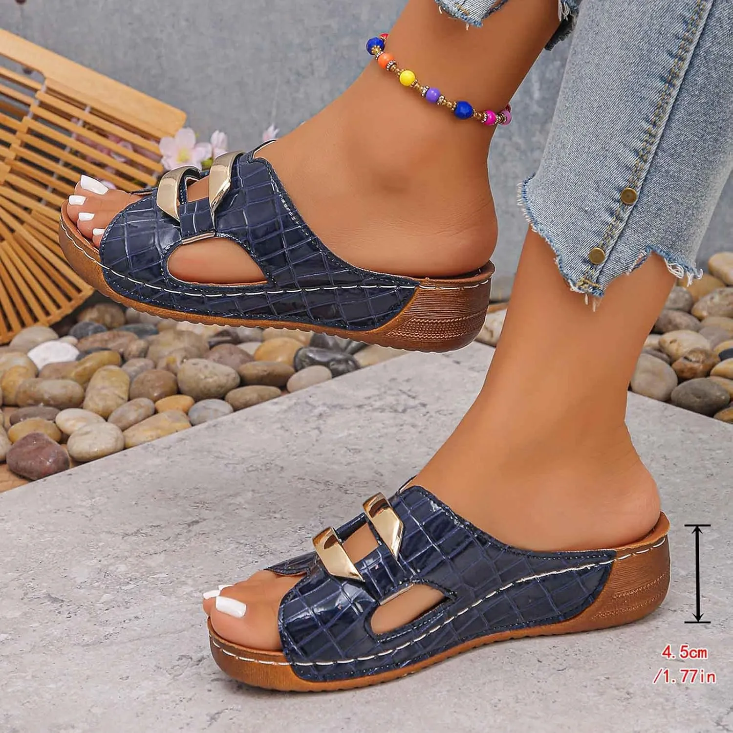 Women's Comfortable Slip On Sandals Open Toe Wedge Heel Lightweight Breathable Shoes For Everyday Wear Spring