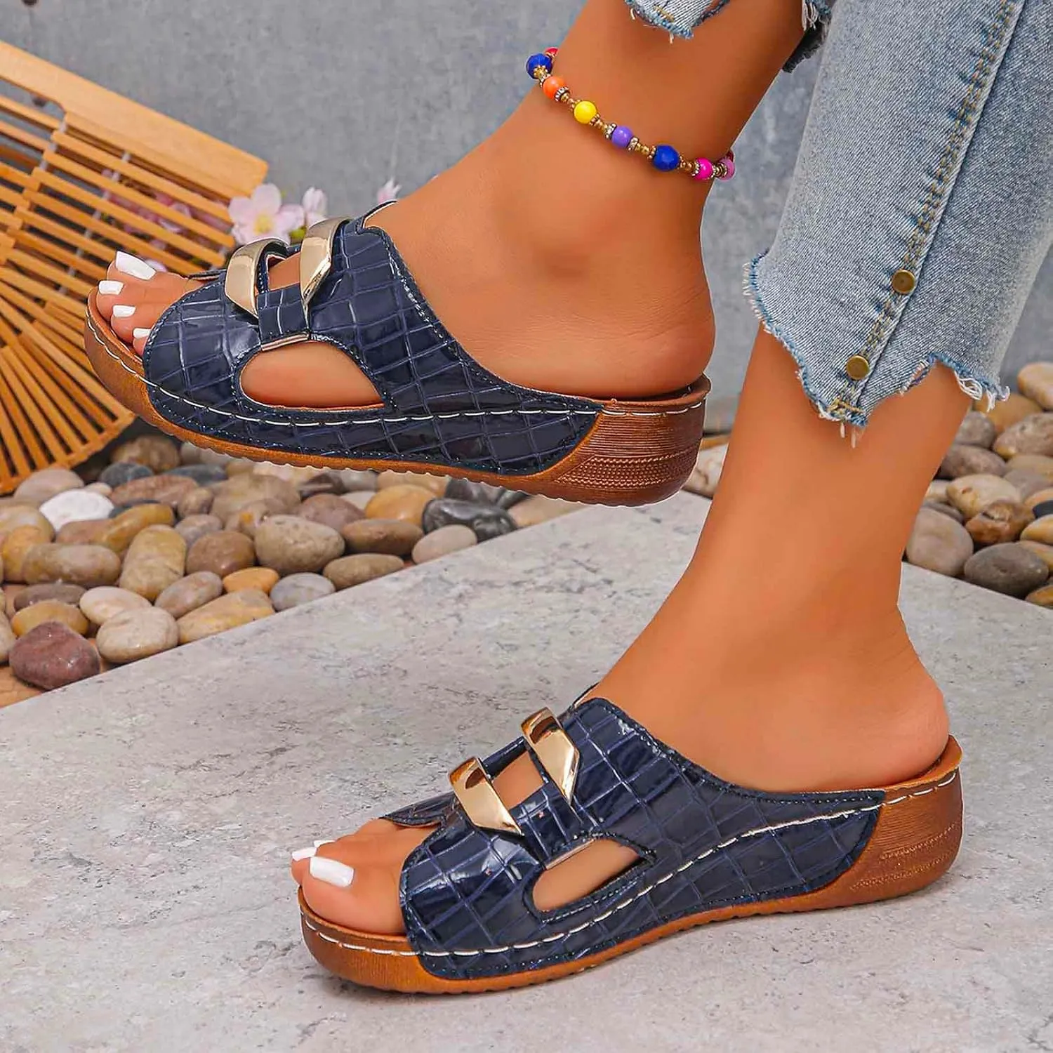 Women's Comfortable Slip On Sandals Open Toe Wedge Heel Lightweight Breathable Shoes For Everyday Wear Spring