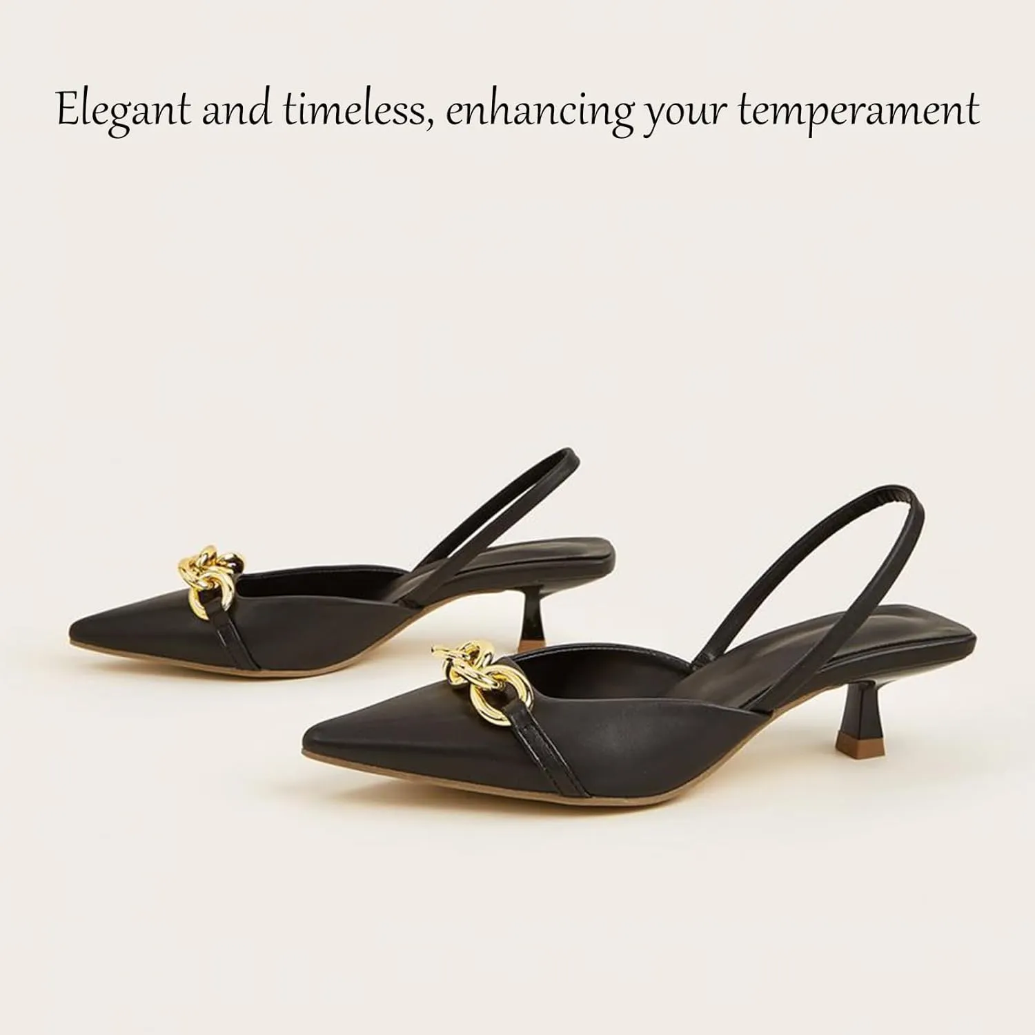 Women's Leather Metal Kitten Heel Slingback Dress Pumps, Fashionable Closed Pointed Toe Elastic Ankle Strap Backless Low Stiletto Mule Sandals for Wedding Party