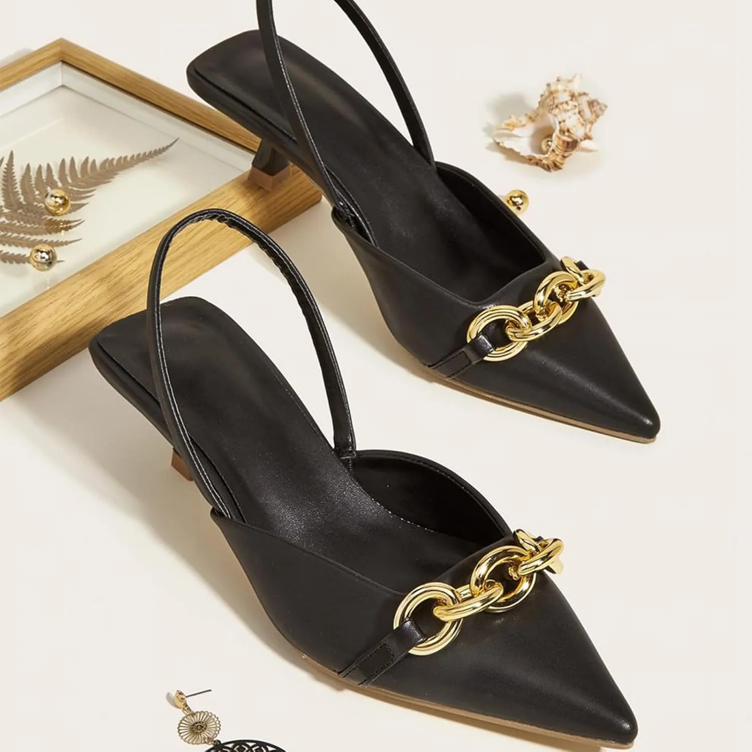Women's Leather Metal Kitten Heel Slingback Dress Pumps, Fashionable Closed Pointed Toe Elastic Ankle Strap Backless Low Stiletto Mule Sandals for Wedding Party