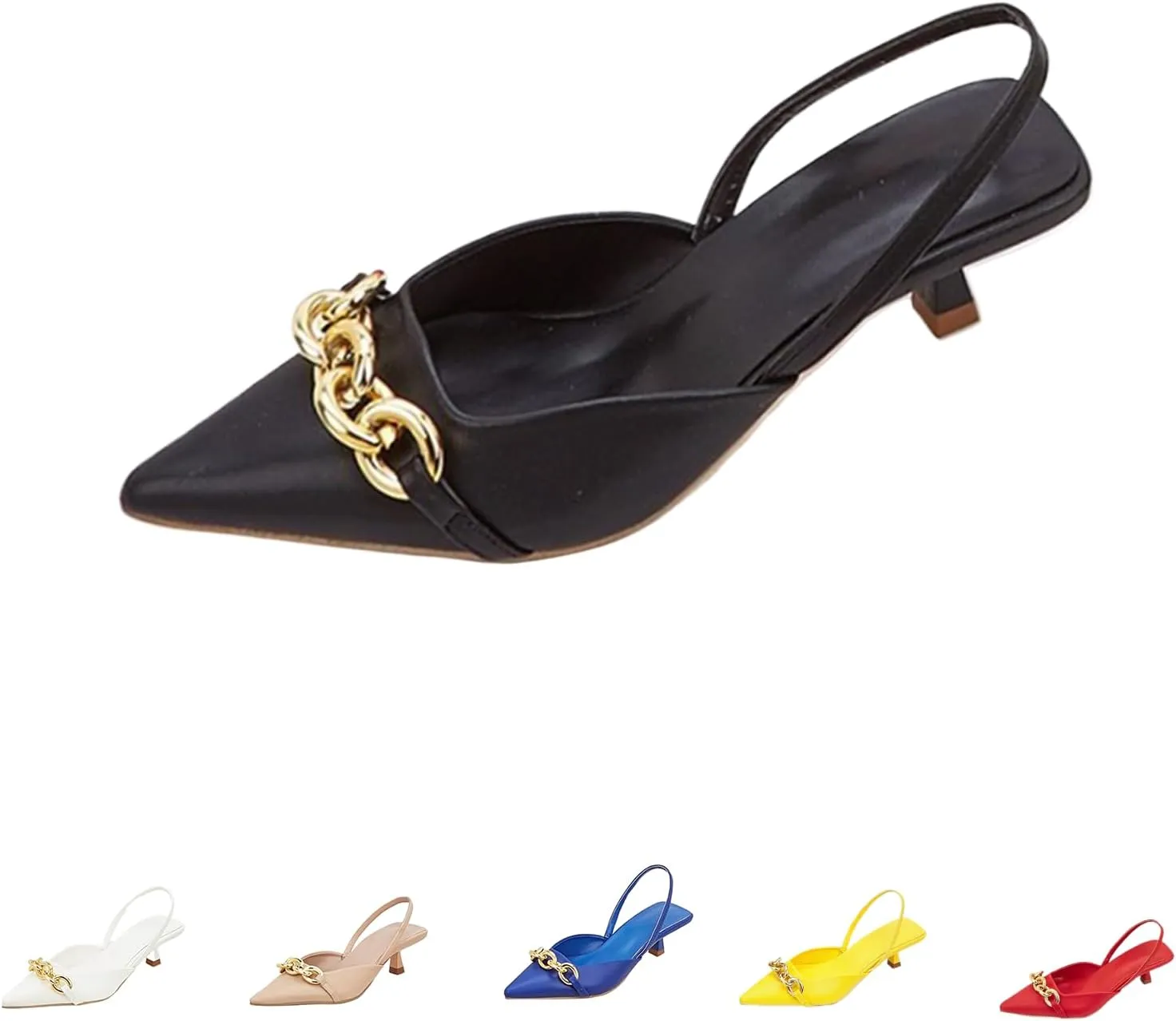 Women's Leather Metal Kitten Heel Slingback Dress Pumps, Fashionable Closed Pointed Toe Elastic Ankle Strap Backless Low Stiletto Mule Sandals for Wedding Party
