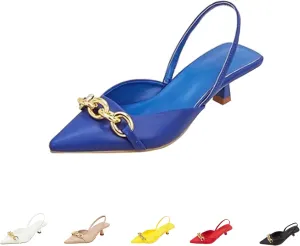 Women's Leather Metal Kitten Heel Slingback Dress Pumps, Fashionable Closed Pointed Toe Elastic Ankle Strap Backless Low Stiletto Mule Sandals for Wedding Party
