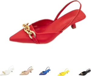 Women's Leather Metal Kitten Heel Slingback Dress Pumps, Fashionable Closed Pointed Toe Elastic Ankle Strap Backless Low Stiletto Mule Sandals for Wedding Party