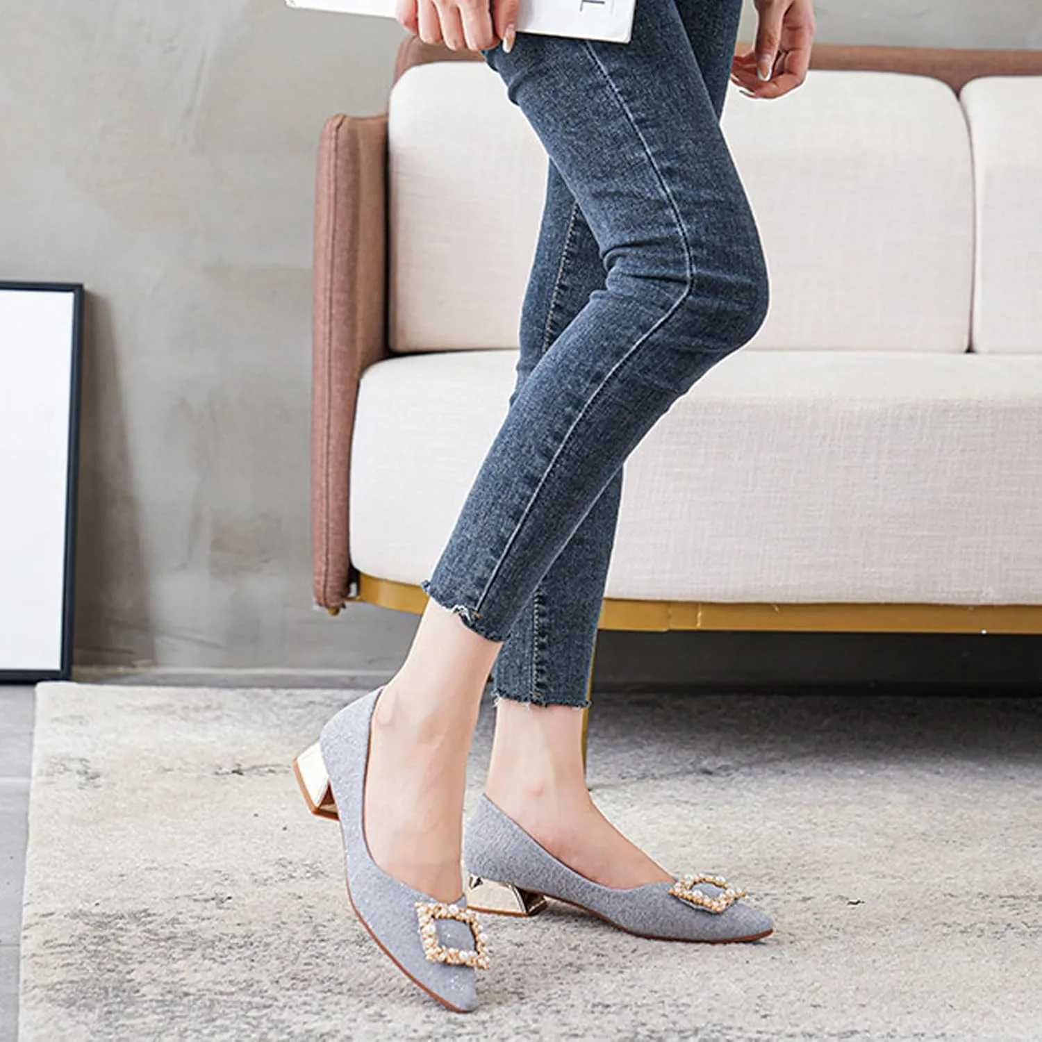 Women's Low Block Chunky Heels Dress Shoes Pointed Toe Closed Toe Work Pumps Slip On Comfort Dress Shoes for Women