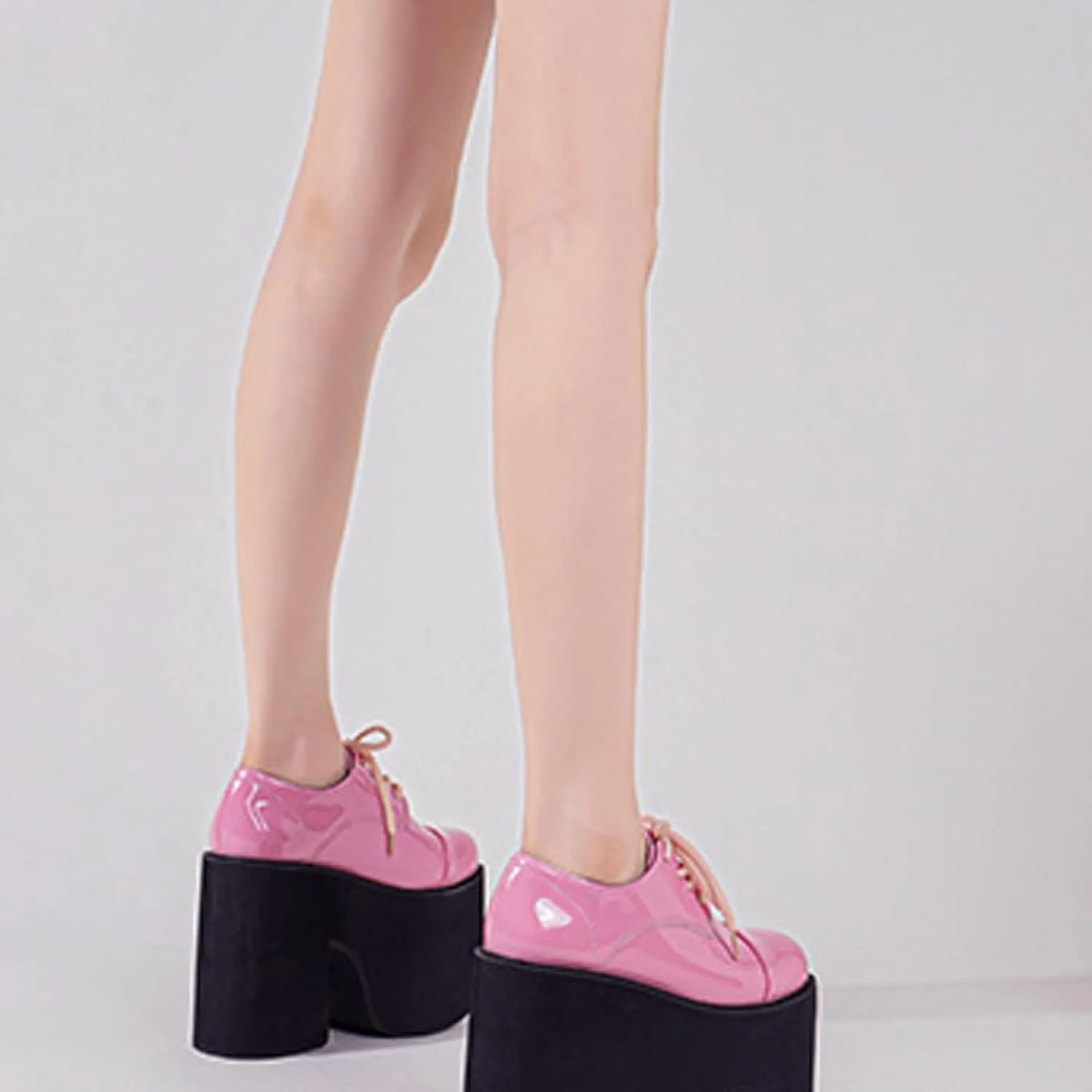 Women's Patent Leather Lace-Up Gothic Chunky Platform Shoes Fashionable Round Toe Super High Heel Heightening Non-Slip Dress Oxford Shoes