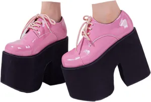 Women's Patent Leather Lace-Up Gothic Chunky Platform Shoes Fashionable Round Toe Super High Heel Heightening Non-Slip Dress Oxford Shoes