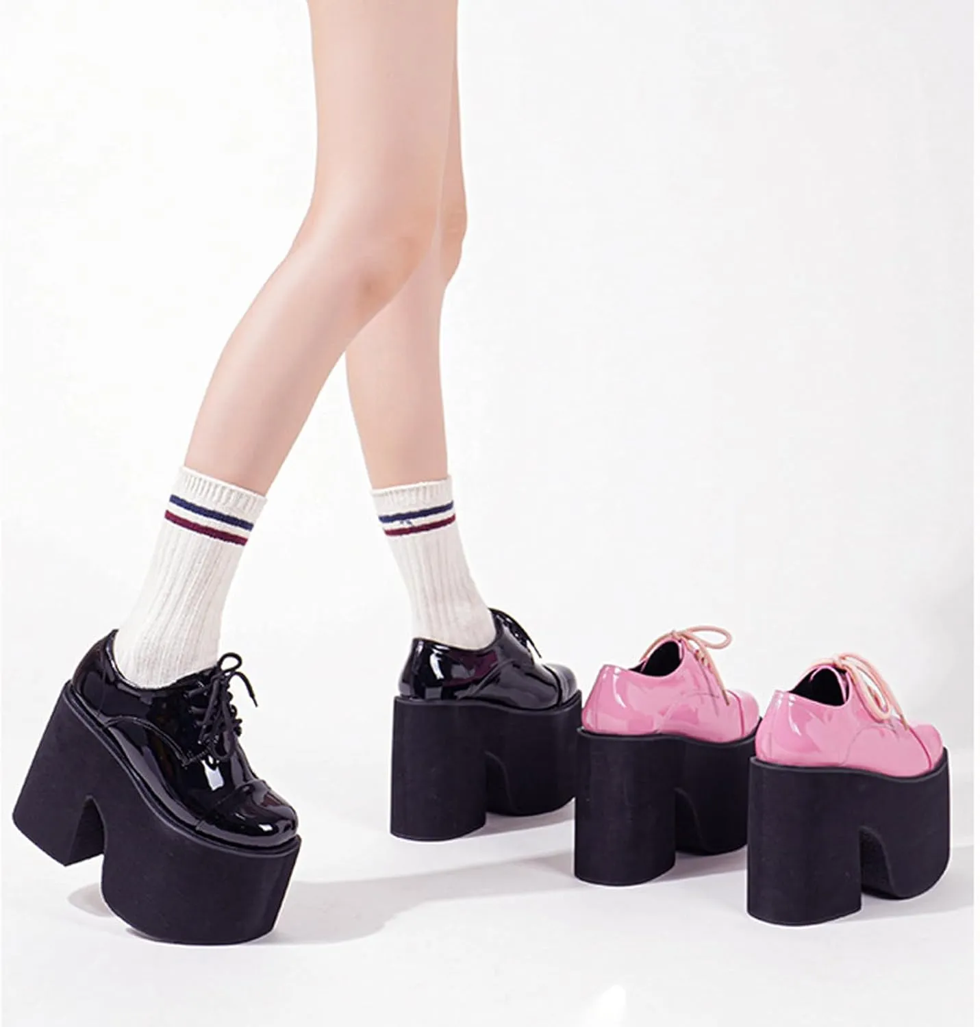 Women's Patent Leather Lace-Up Gothic Chunky Platform Shoes Fashionable Round Toe Super High Heel Heightening Non-Slip Dress Oxford Shoes