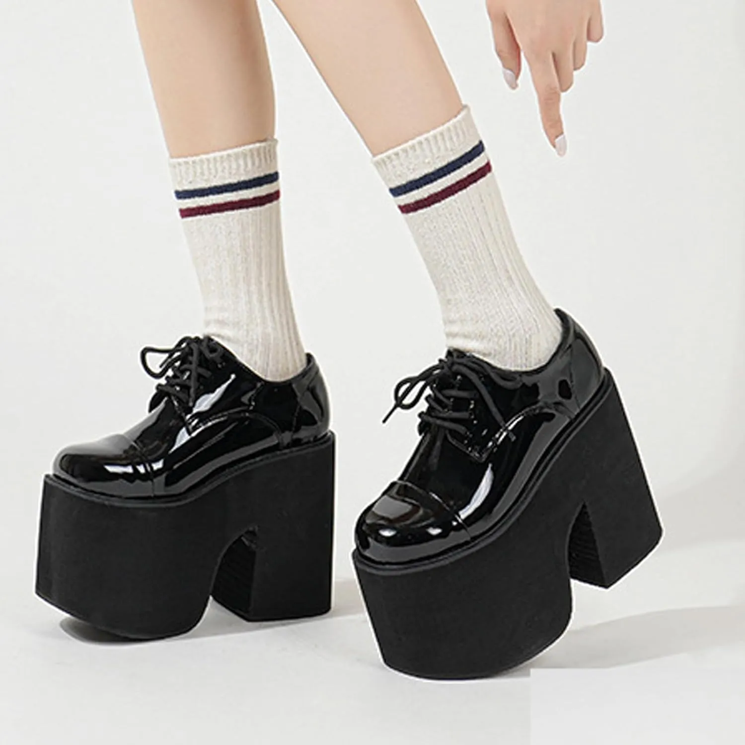 Women's Patent Leather Lace-Up Gothic Chunky Platform Shoes Fashionable Round Toe Super High Heel Heightening Non-Slip Dress Oxford Shoes