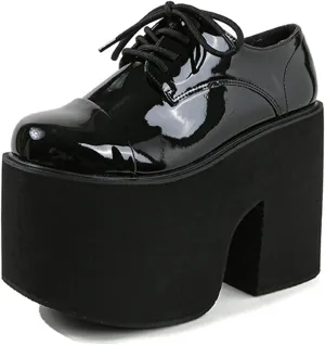 Women's Patent Leather Lace-Up Gothic Chunky Platform Shoes Fashionable Round Toe Super High Heel Heightening Non-Slip Dress Oxford Shoes