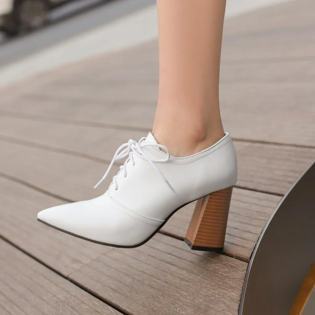 Women's Pointed Toe Chunky Stacked High Heels Pumps Shoes Lace Up Casual Comfort Work Office Dress Shoe