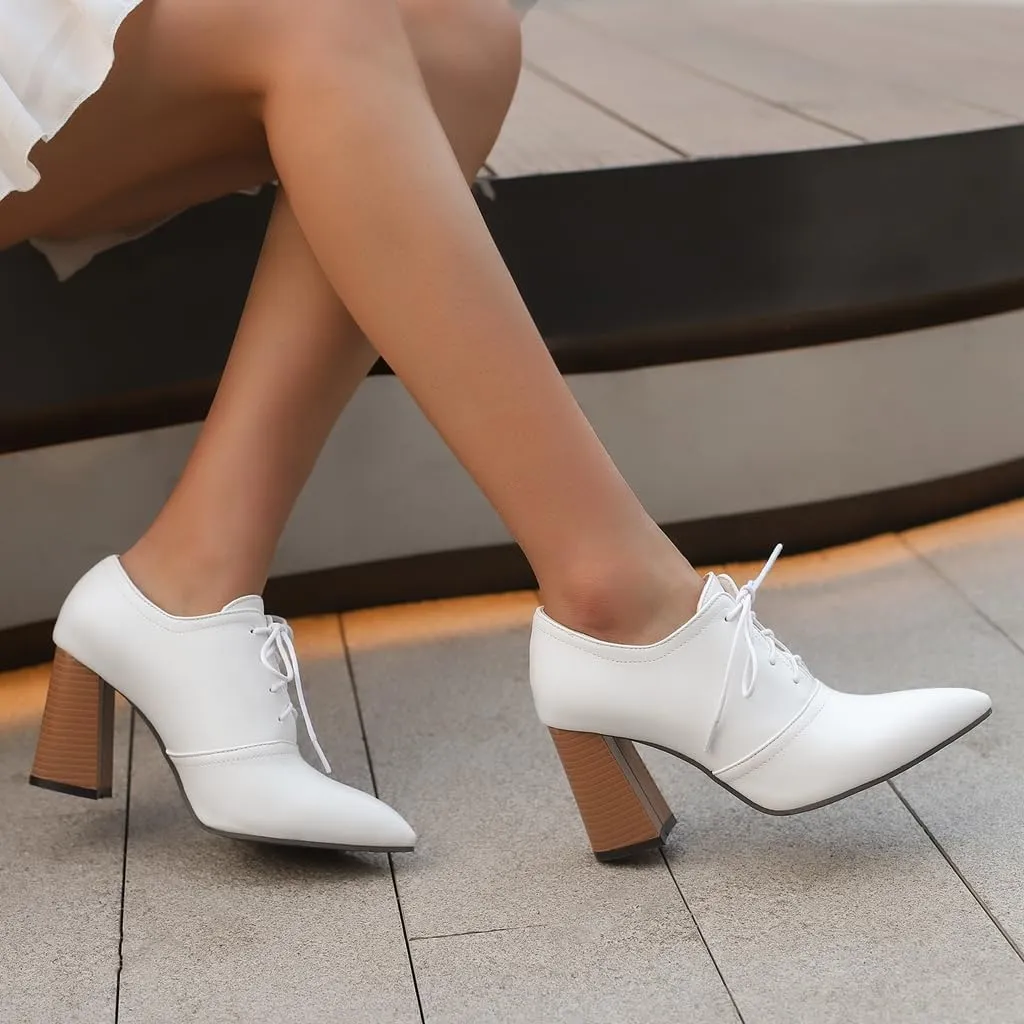 Women's Pointed Toe Chunky Stacked High Heels Pumps Shoes Lace Up Casual Comfort Work Office Dress Shoe