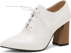 Women's Pointed Toe Chunky Stacked High Heels Pumps Shoes Lace Up Casual Comfort Work Office Dress Shoe