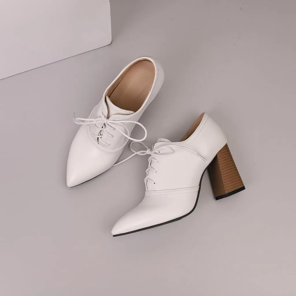 Women's Pointed Toe Chunky Stacked High Heels Pumps Shoes Lace Up Casual Comfort Work Office Dress Shoe