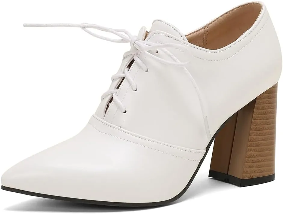 Women's Pointed Toe Chunky Stacked High Heels Pumps Shoes Lace Up Casual Comfort Work Office Dress Shoe