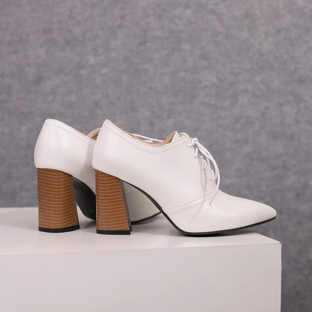 Women's Pointed Toe Chunky Stacked High Heels Pumps Shoes Lace Up Casual Comfort Work Office Dress Shoe