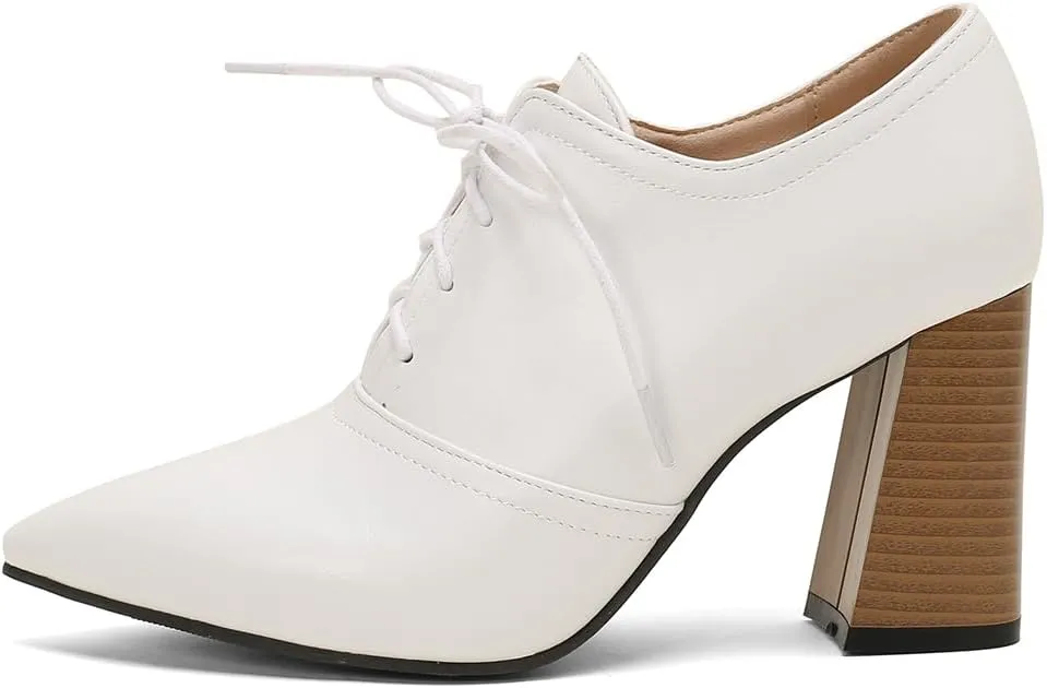 Women's Pointed Toe Chunky Stacked High Heels Pumps Shoes Lace Up Casual Comfort Work Office Dress Shoe