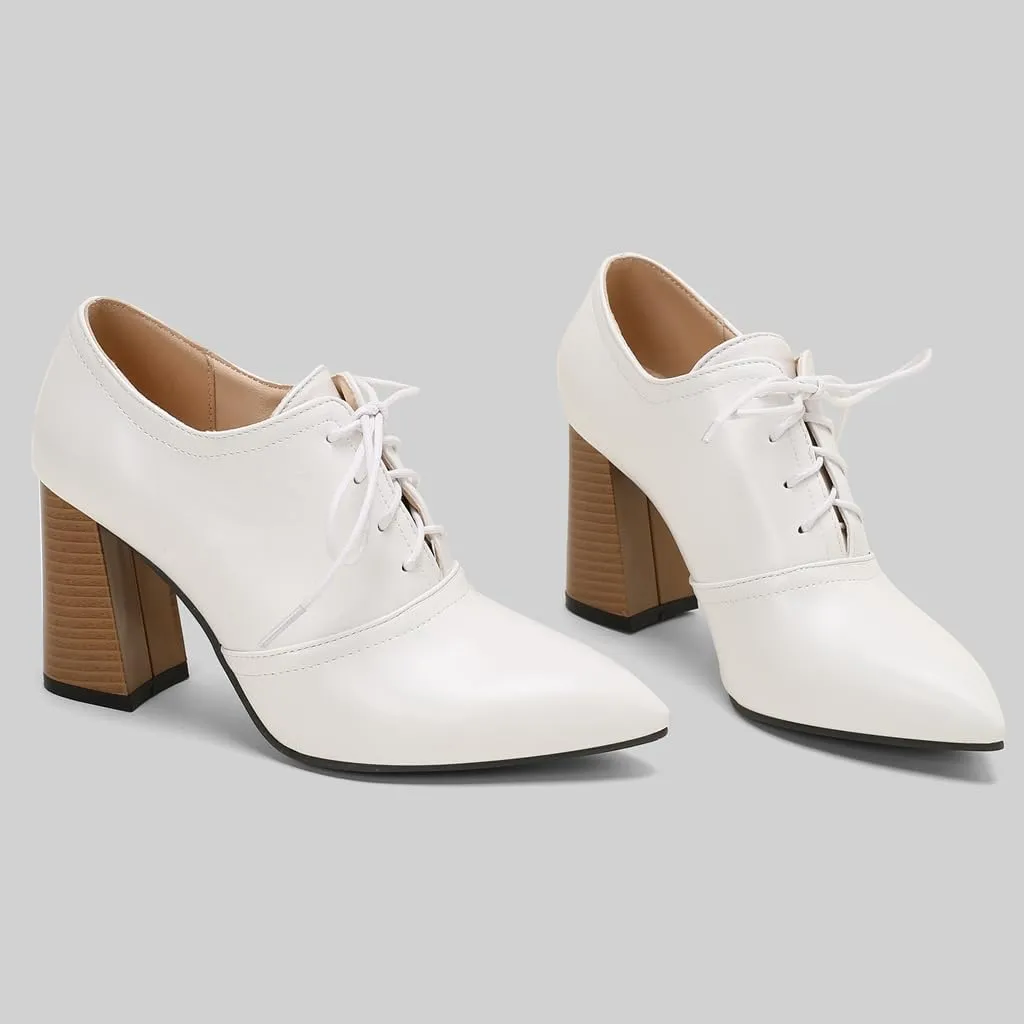 Women's Pointed Toe Chunky Stacked High Heels Pumps Shoes Lace Up Casual Comfort Work Office Dress Shoe