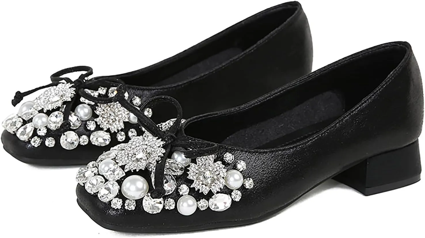 Women's Rhinestone Pearl Bowknot Chunky Heel Pumps,Square Toe Comfort Slip on Walking Dress Shoes Classic Office Wedding Party Shoes