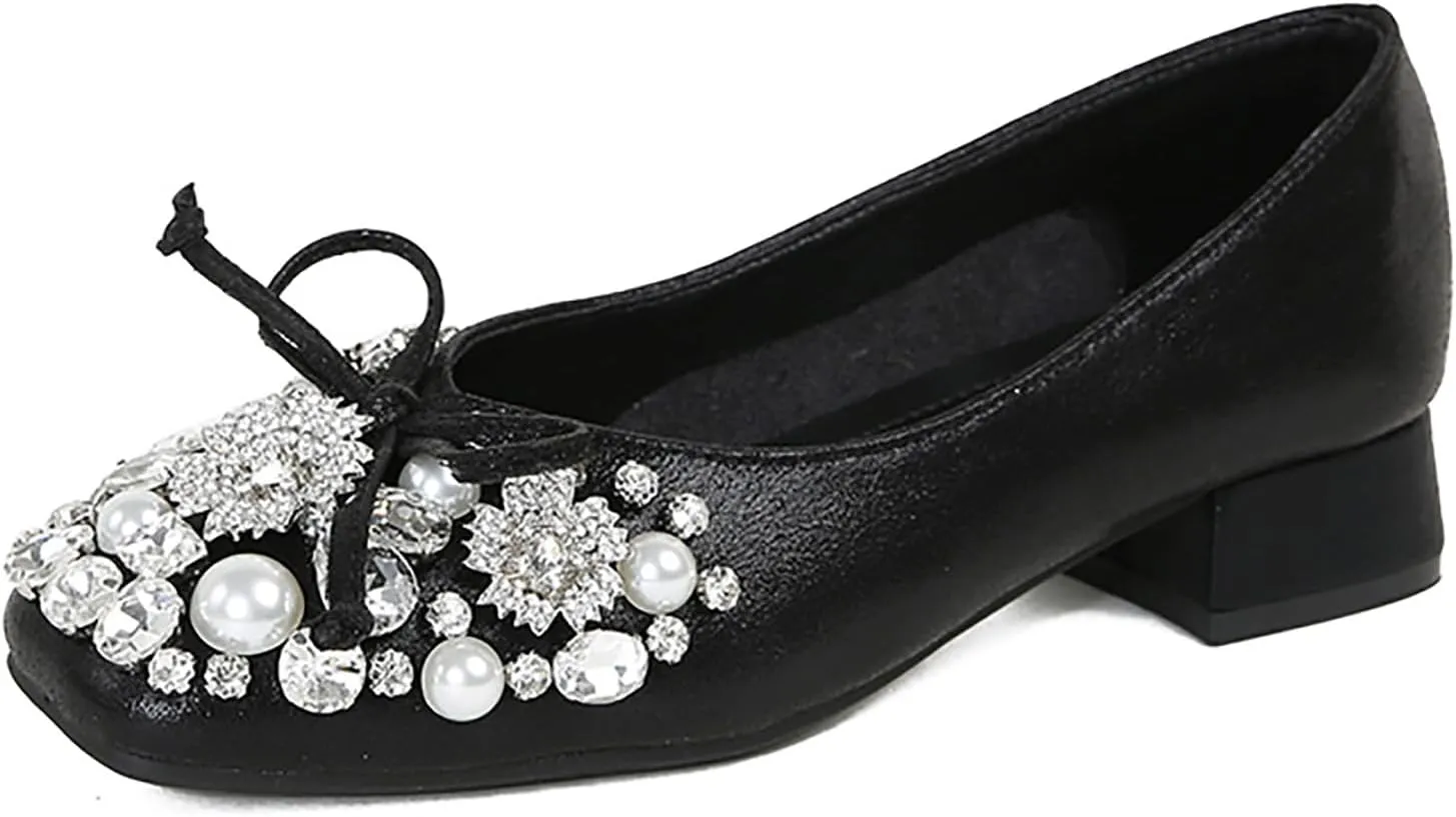 Women's Rhinestone Pearl Bowknot Chunky Heel Pumps,Square Toe Comfort Slip on Walking Dress Shoes Classic Office Wedding Party Shoes