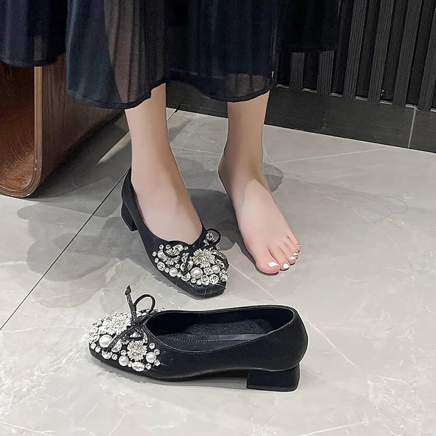 Women's Rhinestone Pearl Bowknot Chunky Heel Pumps,Square Toe Comfort Slip on Walking Dress Shoes Classic Office Wedding Party Shoes